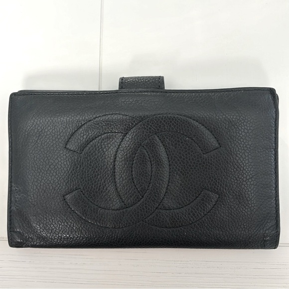 Chanel Black Leather Caviar Interlocking CC Long Bi-fold Wallet - Picture 1 of 17